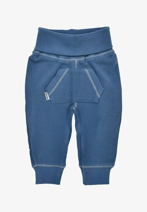 Pantaloni per neonati blu con trama a waffle, dotati di vita elasticizzata, una tasca frontale e orli risvoltati. Dettagliati con cuciture a contrasto.