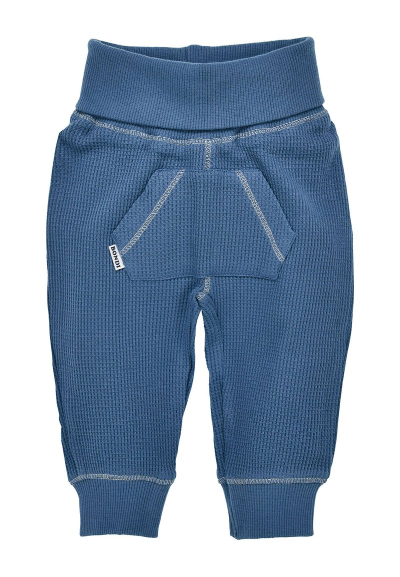 Blaue Babyhose mit Waffelstruktur und elastischem Bund, ausgestattet mit einer Vordertasche und umgeschlagenen Säumen. Mit kontrastierenden Nähten akzentuiert.