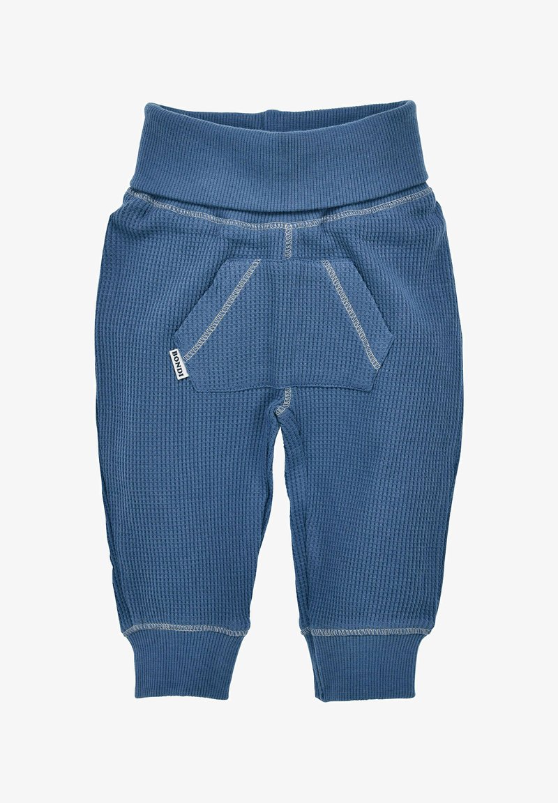 Blaue Babyhose mit Waffelstruktur und elastischem Bund, ausgestattet mit einer Vordertasche und umgeschlagenen Säumen. Mit kontrastierenden Nähten akzentuiert.