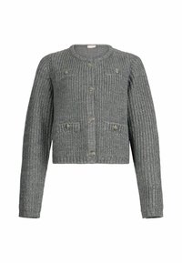 Cardigan grigio lavorato a maglia con scollo rotondo, maniche lunghe, chiusura con bottoni e due tasche frontali con dettagli decorativi a forma di bottone.