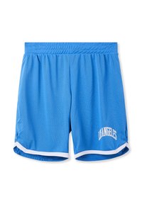 Pantaloni sportivi blu a rete con bordi bianchi. Presentano un elastico in vita e la scritta "DANIELES" sulla gamba sinistra. Tessuto traspirante.