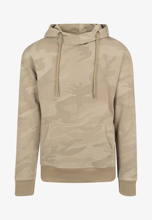 Béžová maskáčová mikina s kapucňou, šnúrkami, prednou kapsou a rebrovanými manžetami. Mäkká tkanina s hladkým povrchom a jemným vzorom.