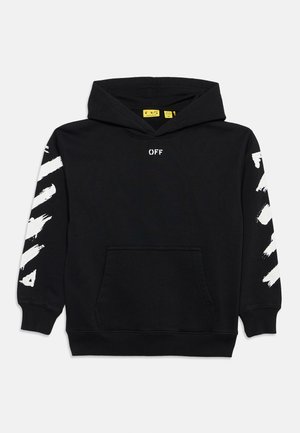 Black hooded sweatshirt with white brushstroke stripes on sleeves and small "OFF" text centered below neckline, front kangaroo pocket.