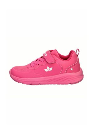 Bright pink children's sneaker with laces and Velcro strap, white logo and star detail, cushioned sole, and pull tab at heel.
