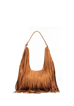 Sac bandoulière en daim marron avec des franges longues couvrant l'avant et le bas, doté d'une seule anse fine.