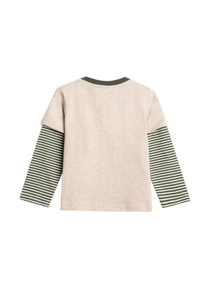 Koszula z długim rękawem z beżowym korpusem, zielonymi paskami na rękawach i zielonym kołnierzykiem, uszyta z miękkiego materiału o luźnym kroju.