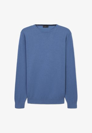 Blauer Rundhalsausschnitt-Pullover aus weichem Stoff, mit langen Ärmeln und gerippten Bündchen und Saum, mit einer schlichten, glatten Textur.