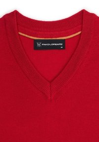 Czerwony sweter z dzianiny z dekoltem w serek. Posiada teksturowany materiał oraz kontrastową wyściółkę wewnętrznego dekoltu. Metka z napisem "PAKOLORENTE", rozmiar M.