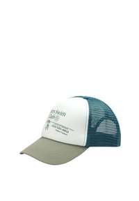 Șapcă de baseball cu un panou frontal alb, text verde, spate din plasă verde închis și o vizor curbat bej. Prezintă brandingul "Swim Club".
