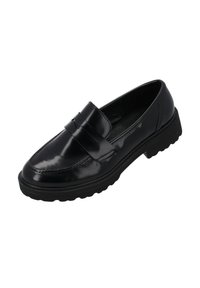 Mocassin en cuir verni noir avec un détail de bande surélevée, semelle en caoutchouc plate et texture lisse. Design classique avec des accents minimalistes.