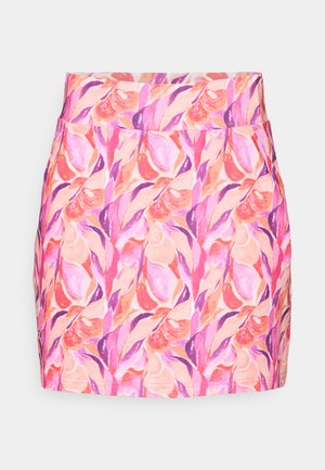 Floral-patterned skirt in shades of pink and purple, featuring a fitted design and smooth texture, with a waistband and no visible fasteners.