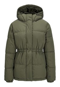 Giacca invernale imbottita verde oliva con cappuccio, vita elastica, zip completa coperta da una patta e polsini elasticizzati.