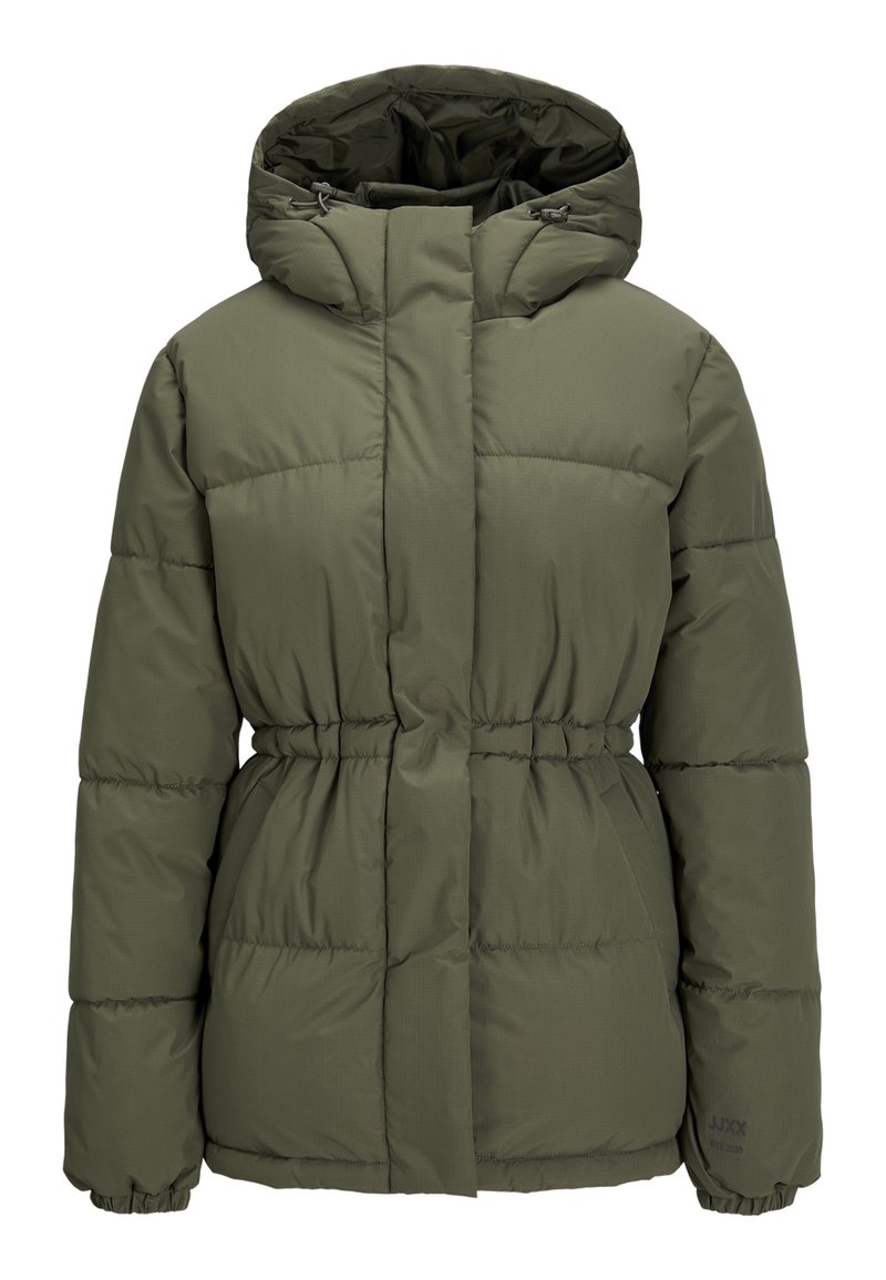 Giacca invernale imbottita verde oliva con cappuccio, vita elastica, zip completa coperta da una patta e polsini elasticizzati.