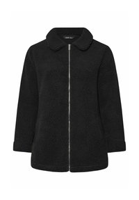 Musta fleece-takki, jossa on vetoketjullinen etuosa, pyöristetty kaulus ja pitkät hihat. Ominaisuuksina teksturoitu pinta ja rento istuvuus.