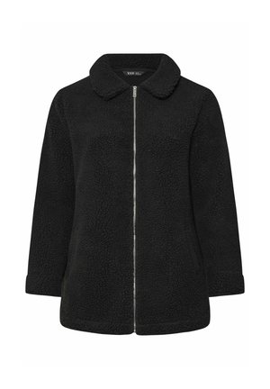 Veste en polaire noire avec fermeture éclair à l'avant, col arrondi et manches longues. Présente une surface texturée et un design à coupe décontractée.