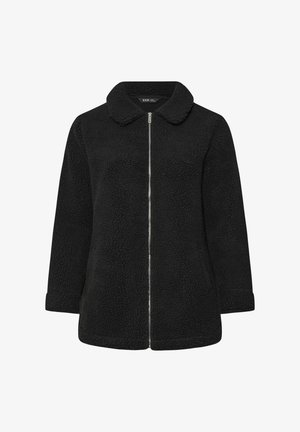 Zwarte fleece jack met een rits aan de voorkant, een ronde kraag en lange mouwen. Voorzien van een gestructureerd oppervlak en een relaxte pasvorm.