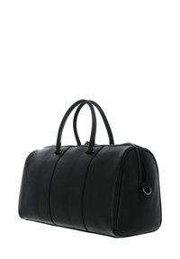 Borsa da viaggio in pelle nera con texture liscia, due manici arrotondati, chiusura con zip e dettagli di cucitura verticale. Forma rettangolare, design minimalista.