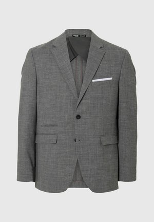 Grauer Blazer aus strukturiertem Stoff mit einem einzigen Knopfverschluss, Reverskragen und weißem Taschentuch als Akzent. Zwei Fronttaschen.