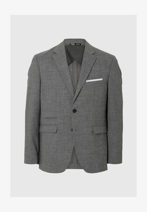 Pilkas bleiseris, pagamintas iš tekstūruotos medžiagos, su vieno mygtuko uždarymu, notch tipo atlapais ir baltu kišeniniu rankšluosčiu akcentu. Du priekiniai kišeniai.