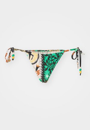 Bikini bottom with multi-colored tropical print in green, black, and orange. Features tie sides with decorative beads and a high-cut design.