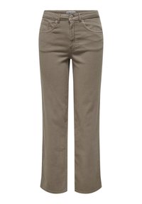 Pantalon droit pour femmes de couleur vert olive. Doté d'un tissu texturé et doux, d'un design à cinq poches et d'une fermeture à bouton à la taille.
