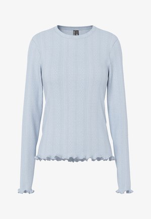 Gaiši zils garām piedurknēm trikotāžas tops ar vertikālām ribām, apaļu kakla izgriezumu un volānu malām uz aprocēm un apakšmalā.