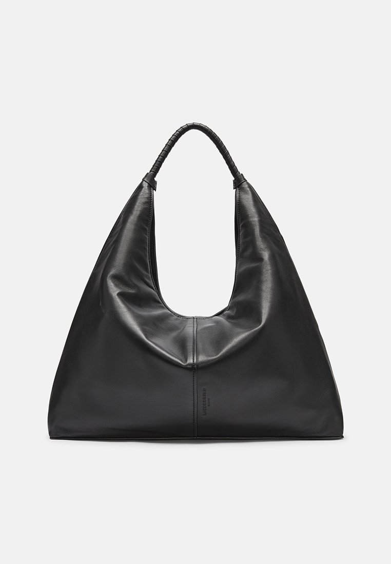 Schwarze Leder-Hobo-Tasche mit geschwungener Silhouette, weitem Öffnungsbereich und geflochtenem Griff, ausgestattet mit glatter Textur und minimalistischem Design.