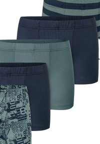 Vier Paare Jungen-Boxershorts in verschiedenen Schattierungen von Marineblau und Grün, darunter eine mit einem Grafikdruck und unterschiedlichen Bunddesigns.