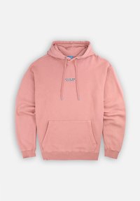 Felpa leggera rosa realizzata in cotone, dotata di tasca frontale, cordini regolabili e un logo minimalista sul petto. Texture morbida.