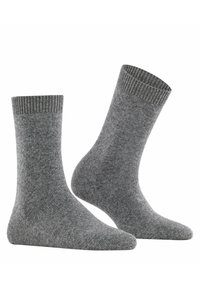 Calze di cotone grigie con polsini a coste, altezza media, texture liscia e punte rinforzate. Design classico adatto per l'uso quotidiano.