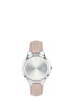 Silver round watch face with slim hour markers, date window at 3 o'clock, and beige leather strap.