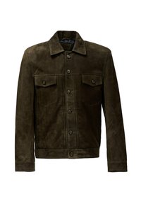 Veste en daim marron foncé avec fermeture à boutons, col pointu, deux poches à rabat sur la poitrine et manches longues.