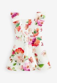 Weißes Kleid mit floralen Mustern in Pink, Rot und Grün. Verfügt über breite, geraffte Träger und ein plissiertes Rockdesign. Reißverschluss an der Rückseite.