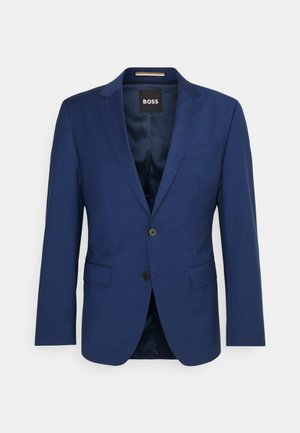 Navy blazer made of smooth fabric, featuring a notched lapel, single button closure, and two front pockets. Interior is lined.