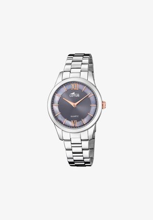 Srebrni Quartz ručni sat Silver Lotus s tamnosivim brojčanikom, rimskim brojevima u boji ružičastog zlata na 12 i 6 sati, te kazaljkama za sate i minute u boji ružičastog zlata.