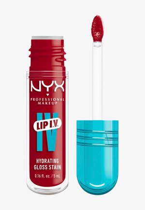 NYX Professional Makeup Lip IV gloss teinté hydratant rouge avec tube transparent et bouchon bleu détachable avec applicateur.