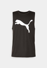 Zwart mouwloos shirt van soepel materiaal, met een opvallend wit springend poema-logo op de voorkant. Strak, minimalistisch ontwerp.