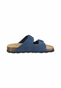 Navy blue suede slide sandals with cork footbed, two adjustable straps, rubber outsole, and cutout designs on the upper section.
