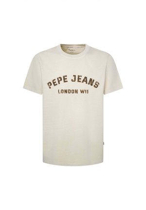 T-shirt en coton blanc avec un col rond et des manches courtes. "PEPE JEANS LONDON W11" imprimé en texte courbé brun foncé sur le devant.