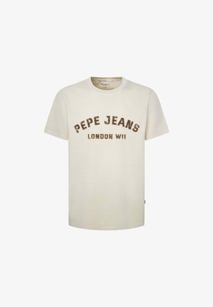 Bílá bavlněná tričko s kulatým výstřihem a krátkými rukávy. Na přední straně je tištěný text "PEPE JEANS LONDON W11" ve tmavě hnědém zakřiveném písmu.