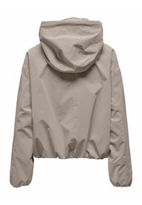 Veste à capuche beige clair à manches longues et ourlet élastique, vue de dos sur fond blanc.