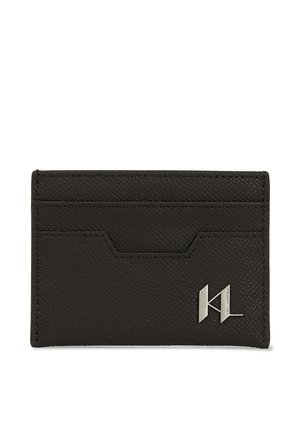 Black textured leather cardholder with two card slots and a silver metal logo on the bottom right corner.