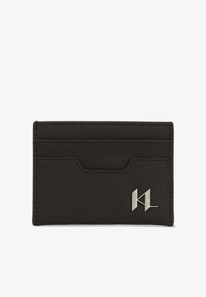 Black textured leather cardholder with two card slots and a silver metal logo on the bottom right corner.
