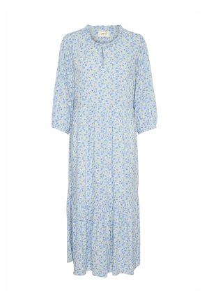 Floral midi dress in light blue with yellow and blue patterns. Features a round neckline and three-quarter sleeves, with gathered waist detail.