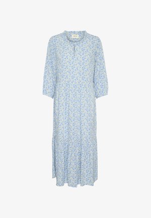 Floral midi dress in light blue with yellow and blue patterns. Features a round neckline and three-quarter sleeves, with gathered waist detail.