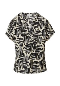 Korte mouwen, blouse met kraag met een gekreukelde textuur, voorzien van een zwart en crème bladeren patroon op zachte stof.