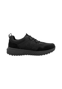 Black athletic shoes with a suede and mesh upper, featuring a lace-up design, padded ankle support, and a textured rubber sole.