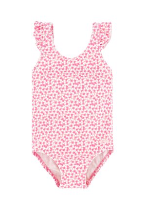 Bañador sin mangas para niñas en rosa con lunares blancos, con tirantes volantes y escote redondeado.