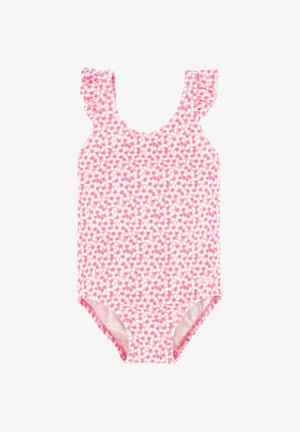 Bañador sin mangas para niñas en rosa con lunares blancos, con tirantes volantes y escote redondeado.
