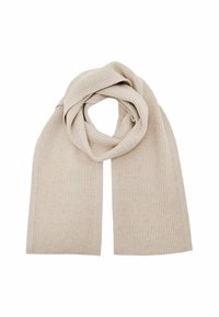 Beige ribbet strik scarf, der har en blød tekstur og et sømløst design, draperet i en cirkulær form med spidse ender.